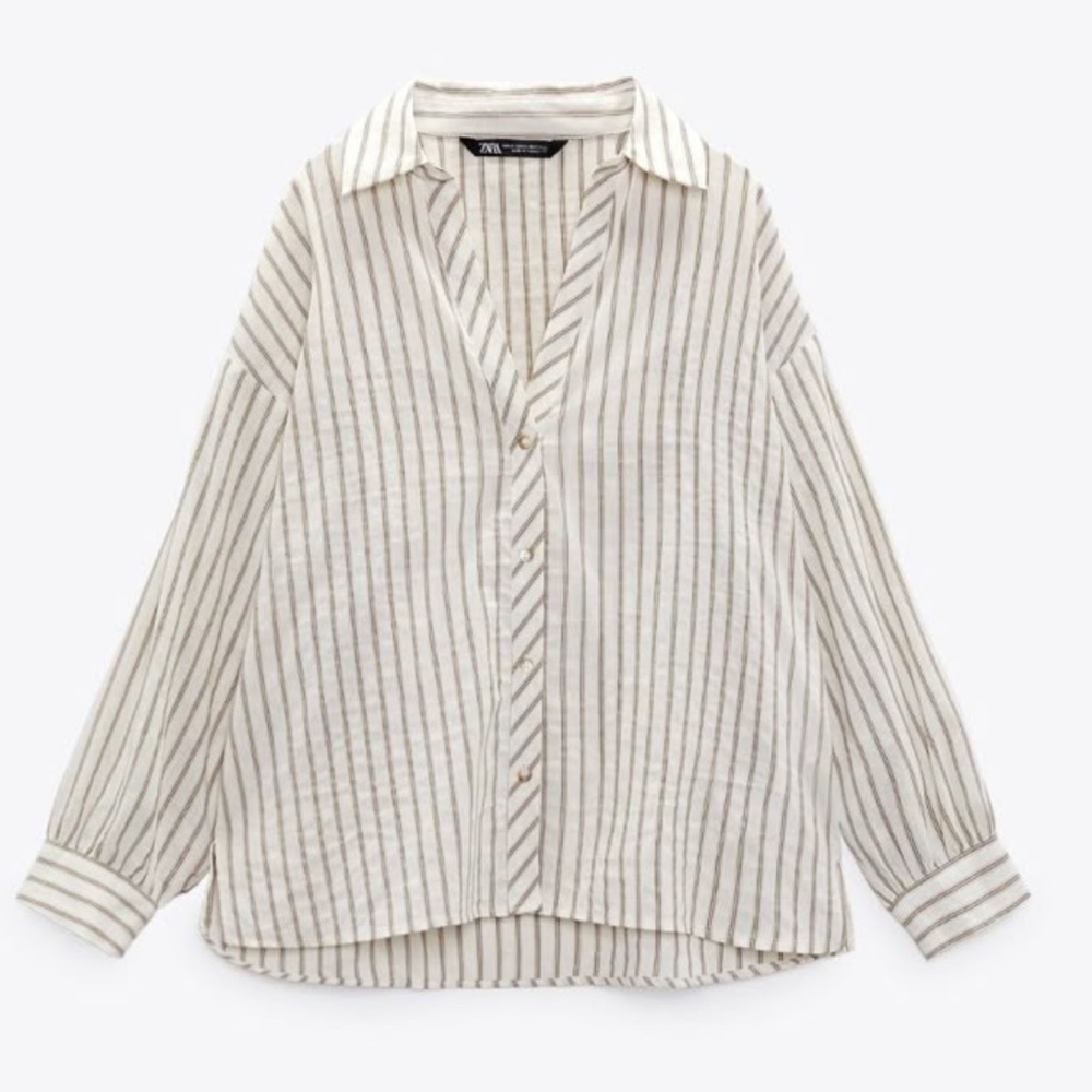 🥂SOLD🥂NWT Linen Blend ZARA Oversized White Striped Button Up Shirt w 3/4 Sleeves - Picture 1 of 7